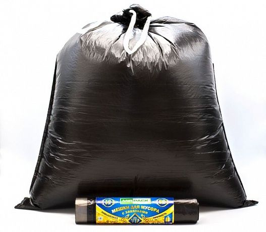 Пакеты для мусора с завязками 60 л, 15 мкм, 10 штук, ПНД, для среднетяжелого мусора прямое дно + ленты для затягивания, черные - Вид 3