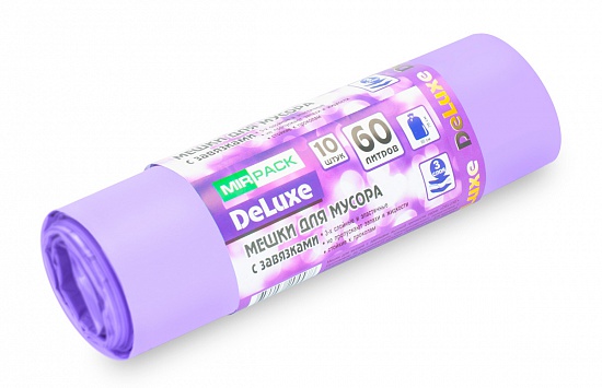 Мешки для мусора с завязками 60 л, 40 мкм, ПВД, 10 шт 60*70 см, фиолетовые, "DELUXE" - Вид 2